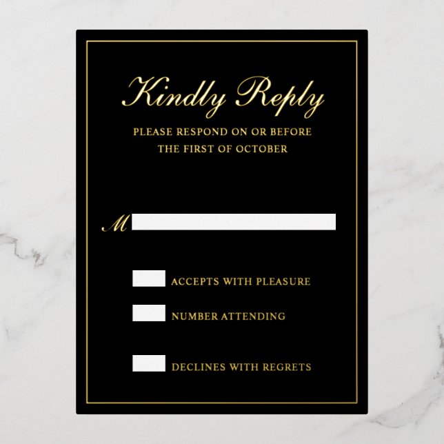 Elegante tarjeta RSVP de boda formal de Relieve me (Anverso)