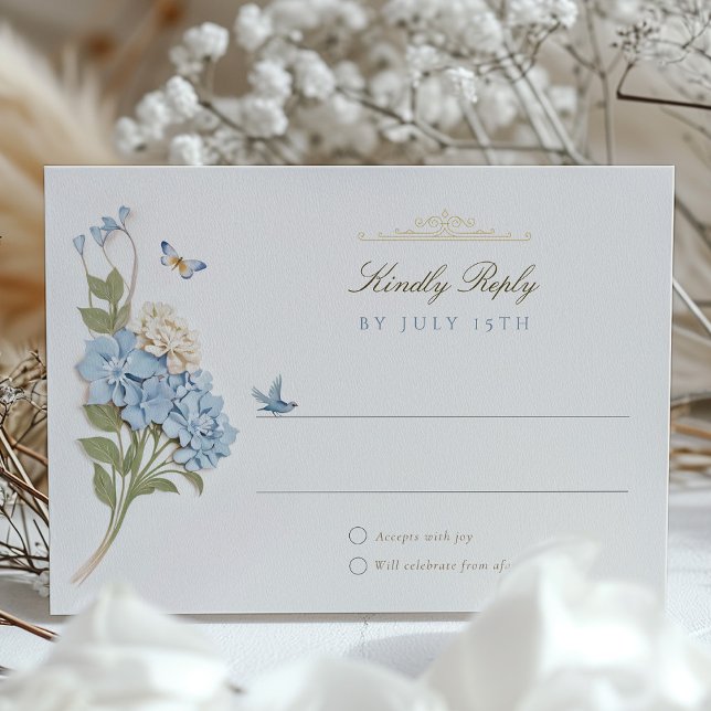 Elegante Tarjeta RSVP de Boda Hidránica Azul (Subido por el creador)