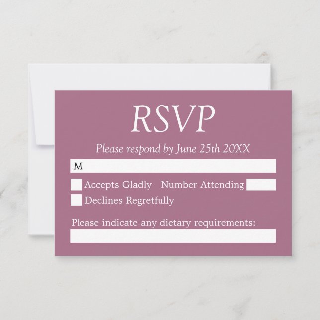 Elegante tarjeta RSVP de boda malva (Anverso)