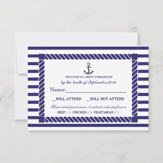 Elegante Tarjeta RSVP de Boda Náutica (Anverso)
