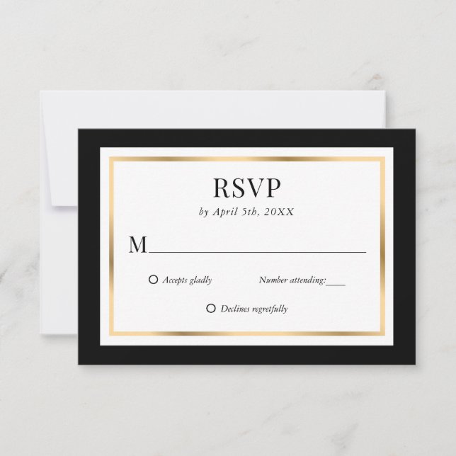 Elegante tarjeta RSVP de Boda Negra y Oro (Anverso)