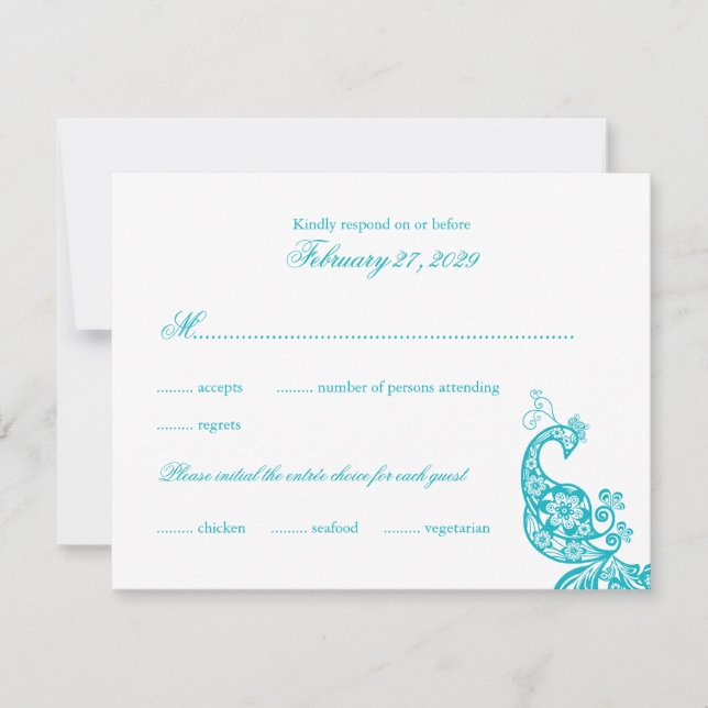 Elegante tarjeta RSVP de boda paisley pavo real az (Anverso)