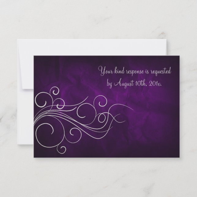 Elegante Tarjeta RSVP de Boda Plata Púrpura (Anverso)