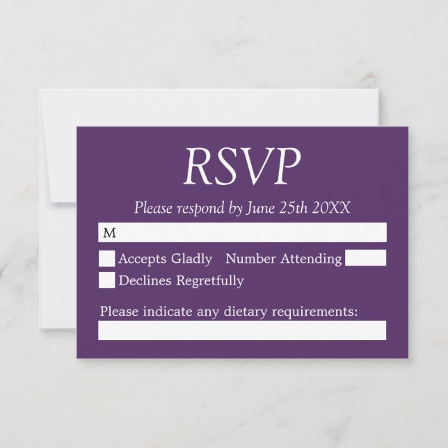 Elegante Tarjeta RSVP de Boda Púrpura Oscura (Anverso)