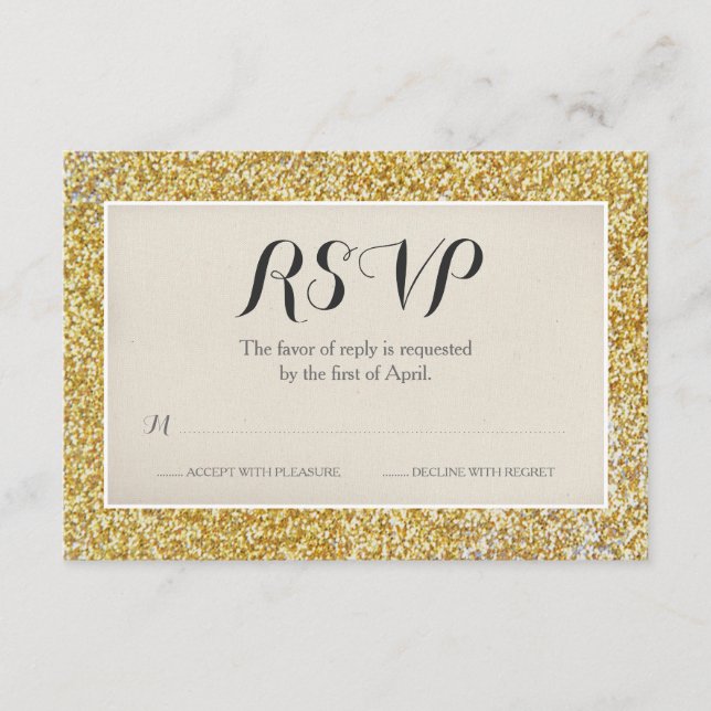 Elegante Tarjeta RSVP de Boda Purpurina de Oro (Anverso)