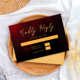 Elegante Tarjeta RSVP de Boda Roja y Negra de Oro