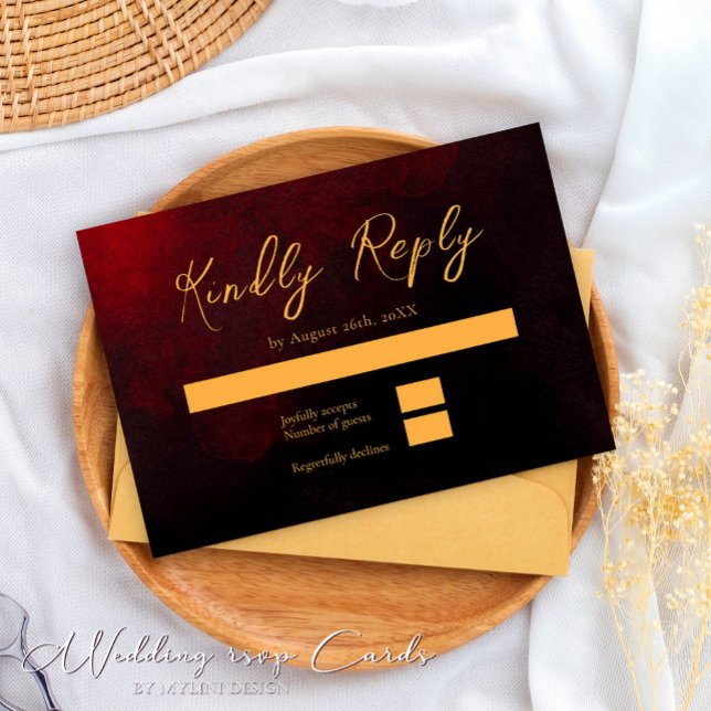 Elegante Tarjeta RSVP de Boda Roja y Negra de Oro (Subido por el creador)