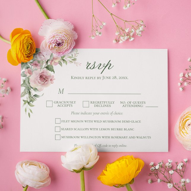 Elegante tarjeta RSVP de boda rosa rosa | Opción d (Elegant rustic botanical RSVP cards with pink roses for floral and garden themed weddings)