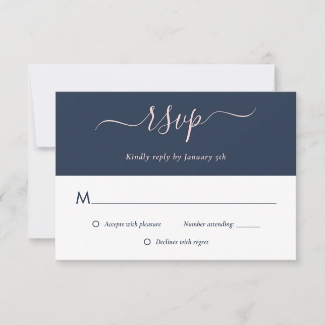 Elegante tarjeta RSVP de boda Rubor azul de la Mar (Anverso)