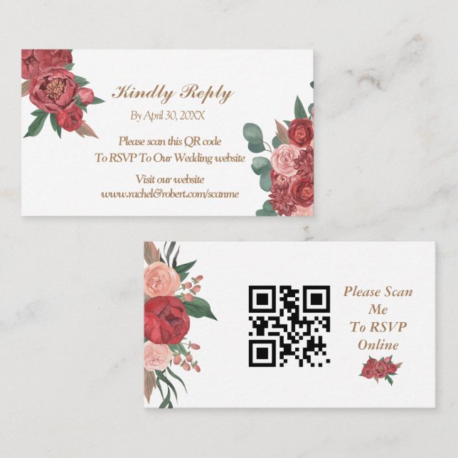 Elegante Tarjeta RSVP de Boda Rústica Floral Roja (Anverso / Reverso)