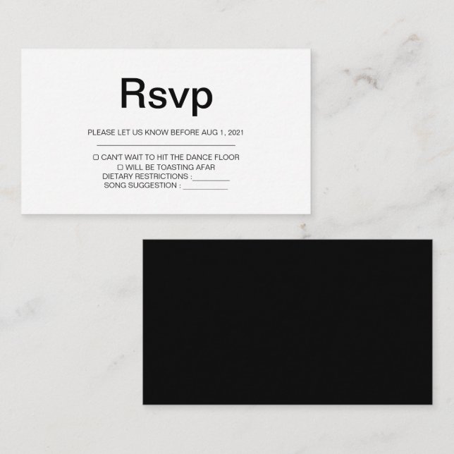 Elegante Tarjeta Rsvp de Boda Sencilla en Blanco y (Anverso / Reverso)