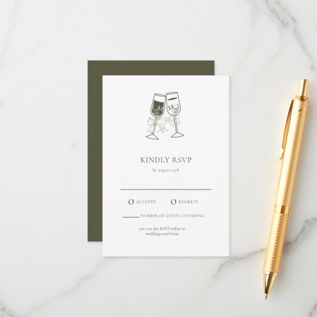 Elegante Tarjeta RSVP de Boda Verde de Madera de O (Anverso/Reverso In Situ)