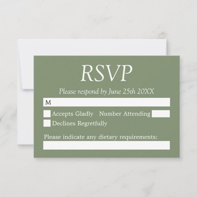 Elegante Tarjeta RSVP de Boda Verde Sage (Anverso)