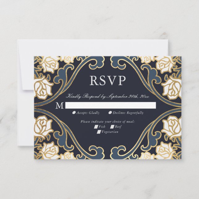 Elegante tarjeta RSVP de boda victoriana clásica (Anverso)
