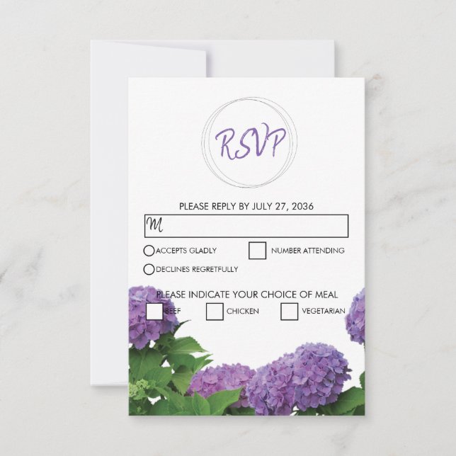 Elegante tarjeta RSVP de bodas hipoglucemias púrpu (Anverso)