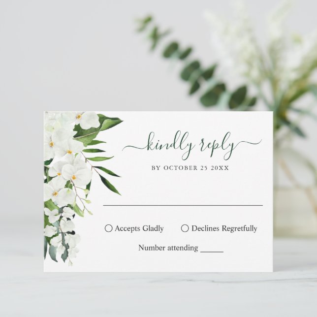 Elegante tarjeta RSVP de Bohemia para orquídeas bl (Anverso de pie)