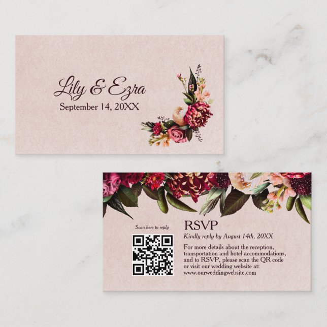 Elegante tarjeta RSVP de Borgoña y Rubor Código QR (Anverso / Reverso)