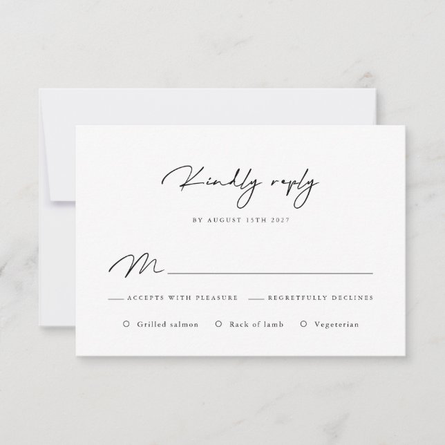 Elegante tarjeta RSVP de caligrafía blanca y negra (Anverso)