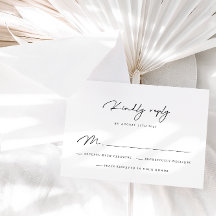 Elegante tarjeta RSVP de caligrafía blanca y negra