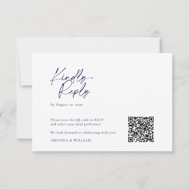 Elegante tarjeta RSVP de código QR blanco y azul m (Reverso)