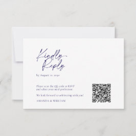 Elegante tarjeta RSVP de código QR blanco y azul m