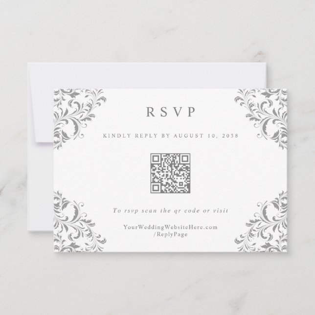 Elegante tarjeta RSVP de código QR de bodas grises (Anverso)