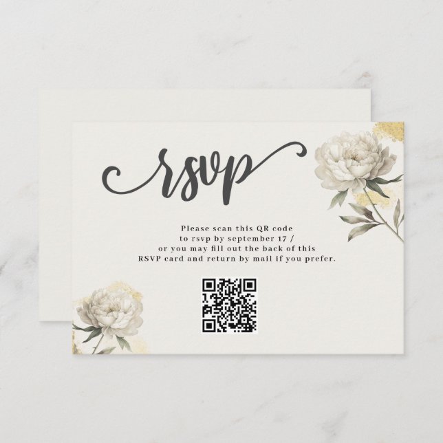 Elegante Tarjeta RSVP de código QR de Peony dorado (Anverso / Reverso)
