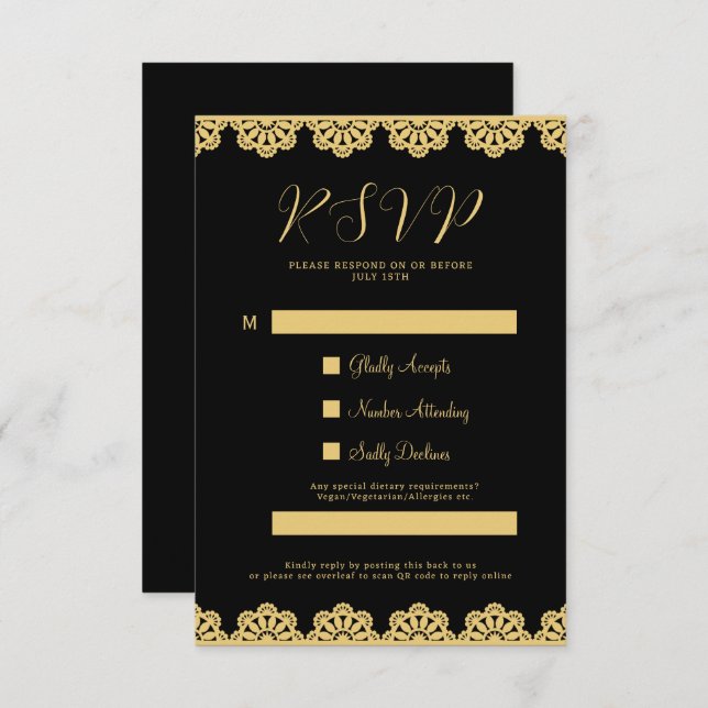 Elegante tarjeta RSVP de código QR islámico de oro (Anverso / Reverso)