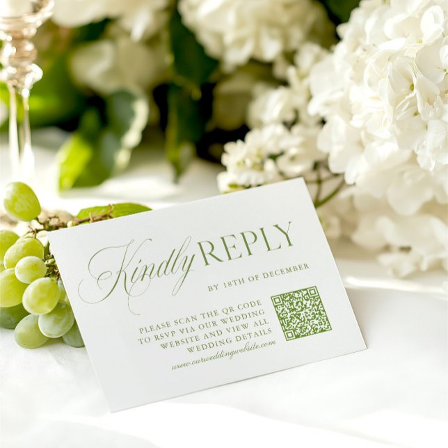 Elegante tarjeta RSVP de código QR verde y blanco  (Elegant Sage Green & White QR Code RSVP Card)