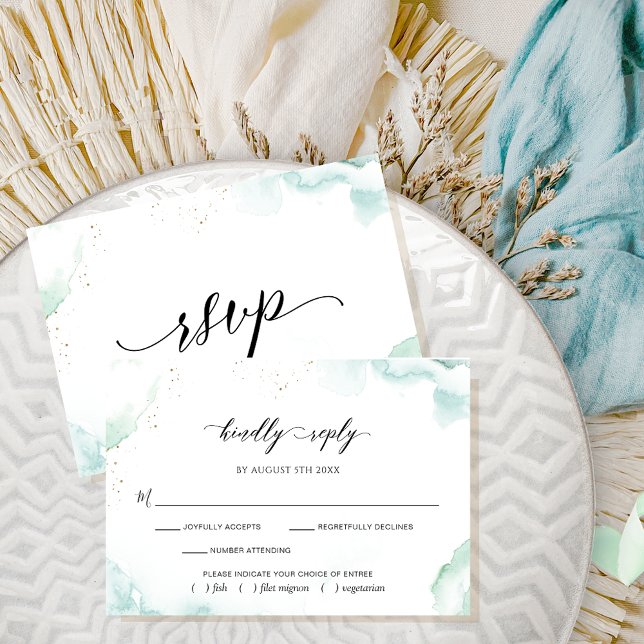 Elegante tarjeta RSVP de color azul y agua verde (Subido por el creador)