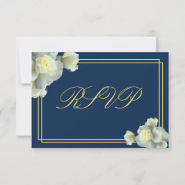 Elegante tarjeta RSVP de color blanco azul de la m
