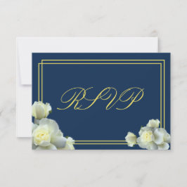 Elegante tarjeta RSVP de color blanco azul de la m