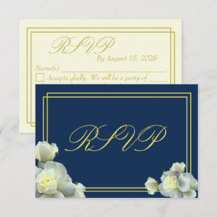 Elegante tarjeta RSVP de color blanco azul de la m