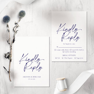 Elegante tarjeta RSVP de color blanco y azul marin