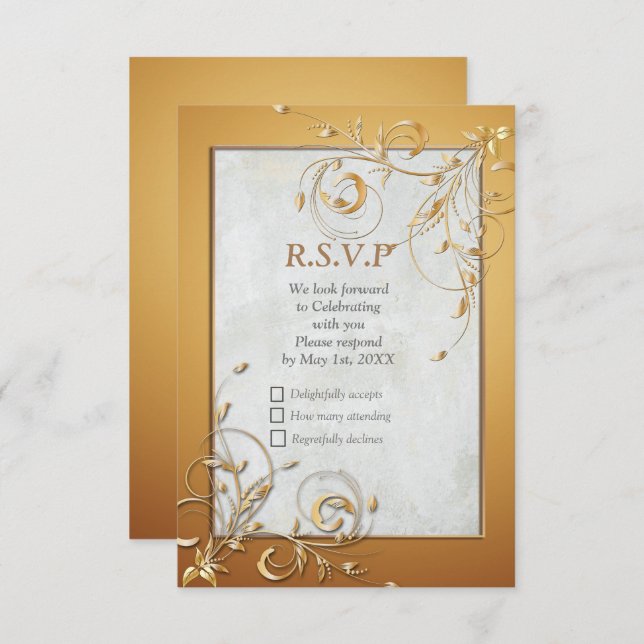Elegante tarjeta RSVP de Crema y Oro (Anverso / Reverso)