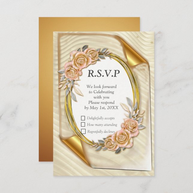 Elegante tarjeta RSVP de Crema y Oro (Anverso / Reverso)