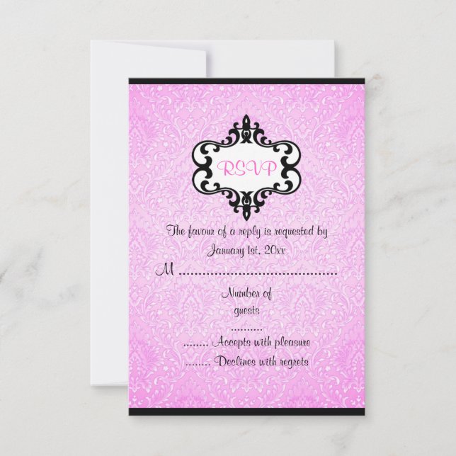Elegante tarjeta RSVP de Damask de Moda rosa y neg (Anverso)
