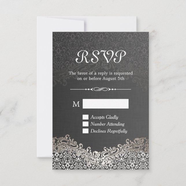 Elegante tarjeta RSVP de Damask de plata negra (Anverso)