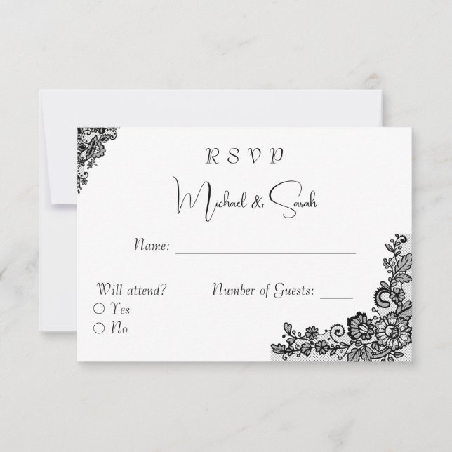 Elegante tarjeta RSVP de encaje negro para Bodas (Anverso)