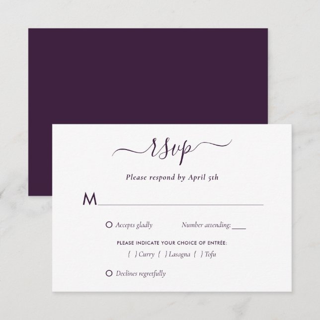 Elegante Tarjeta RSVP de escritura moderna púrpura (Anverso / Reverso)