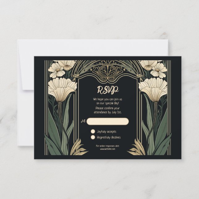 Elegante tarjeta RSVP de estilo Art Nouveau oscuro (Anverso)