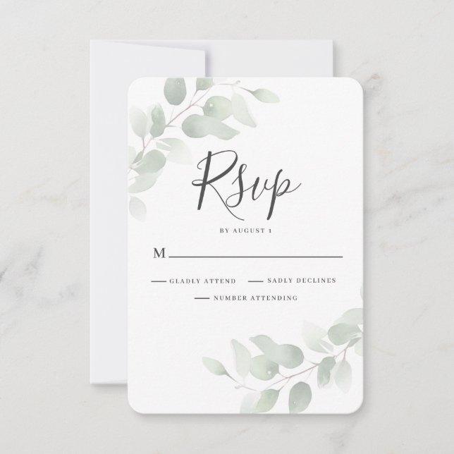 Elegante tarjeta RSVP de Eucalyptus Greenery Weddi (Anverso)