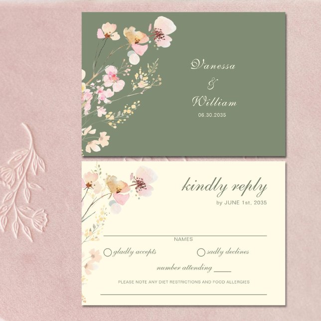 Elegante Tarjeta RSVP de Flor Silvestre Verde Sage (Subido por el creador)