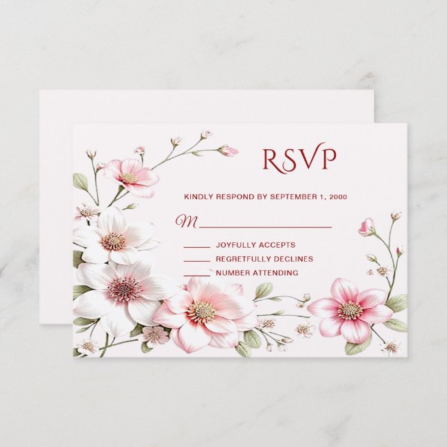 Elegante tarjeta RSVP de Floral blanca rosa (Anverso / Reverso)
