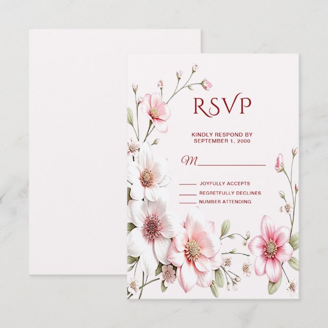 Elegante tarjeta RSVP de Floral blanca rosa (Anverso / Reverso)