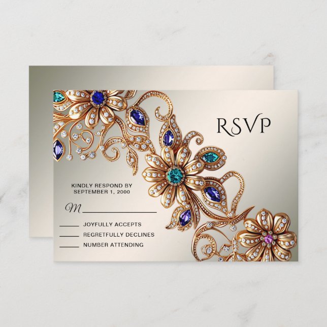 Elegante tarjeta RSVP de flores de joyas de oro (Anverso / Reverso)