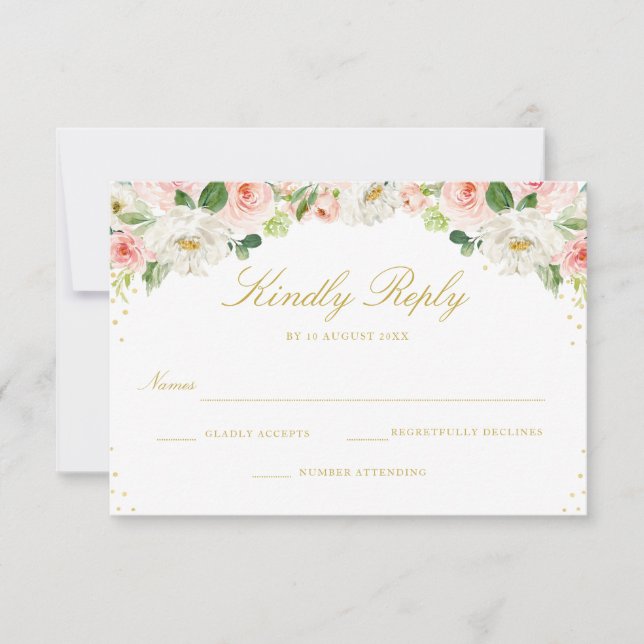 Elegante tarjeta RSVP de flores rosa rubor (Anverso)