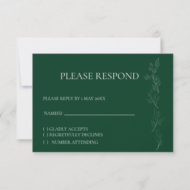 Elegante tarjeta RSVP de hoja verde esmeralda (Anverso)