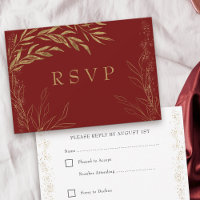Elegante tarjeta RSVP de hojas rojas y doradas