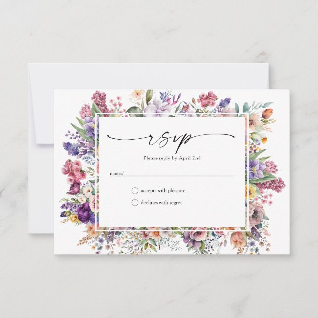 Elegante Tarjeta RSVP de Jardín de Primavera Flora (Anverso)